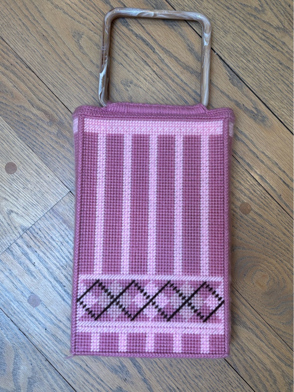 Vintage 1970s handmade pink needlepoint bag with resin handles
